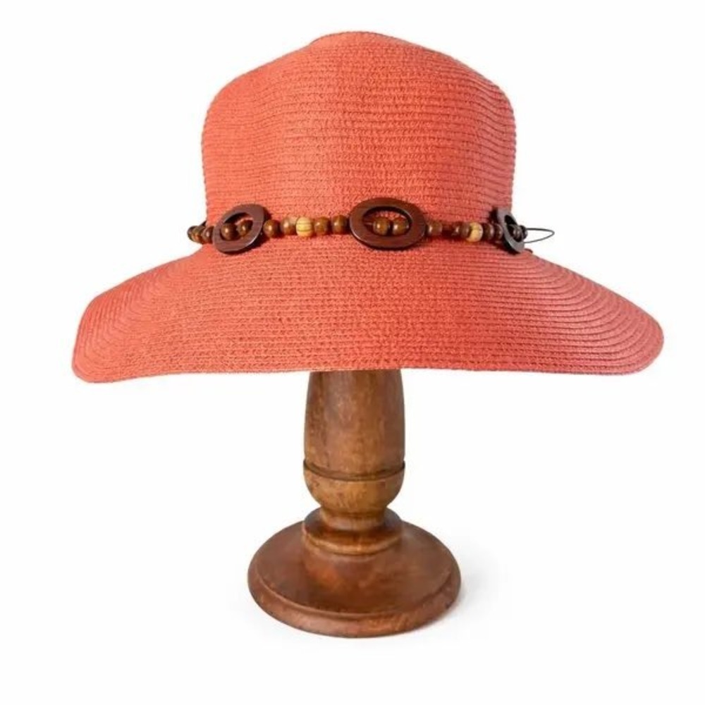 Kallina Sun Hat Orange UPF 50+ Wood Bead‎ Wide Brim Floppy Beach Boho Resort